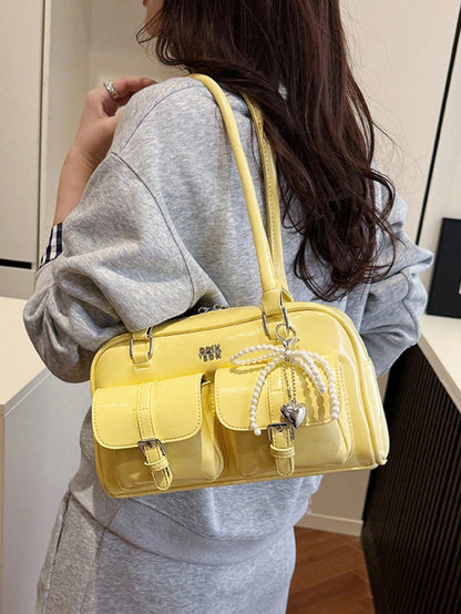 Women's Retro Solid Color PU Leather Shoulder Bag, Multi-Pocket Large Capacity, Comes With Detachable Pendant, Yellow