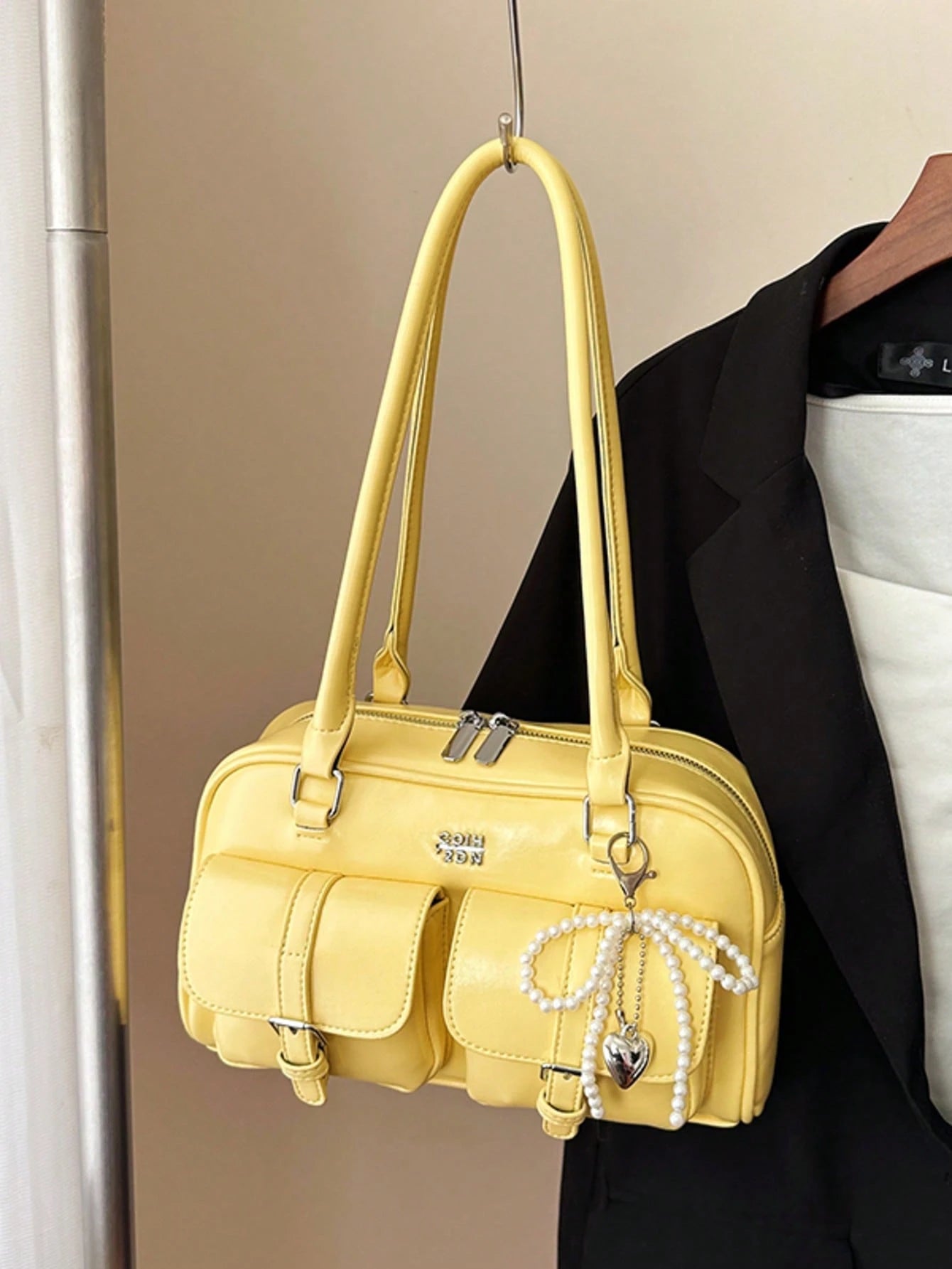 Women's Retro Solid Color PU Leather Shoulder Bag, Multi-Pocket Large Capacity, Comes With Detachable Pendant, Yellow