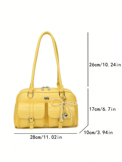 Women's Retro Solid Color PU Leather Shoulder Bag, Multi-Pocket Large Capacity, Comes With Detachable Pendant, Yellow