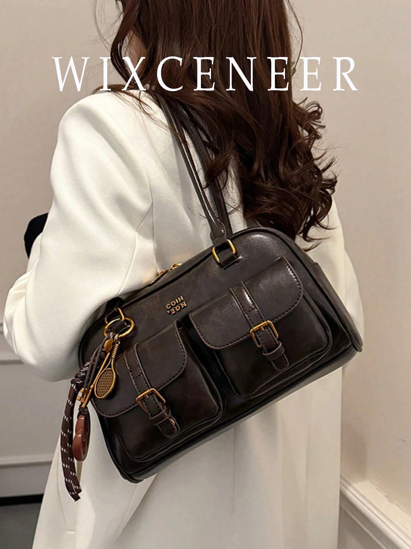 Women's Retro Solid Color PU Leather Shoulder Bag, Multi-Pocket Large Capacity, Comes With Detachable Pendant, Yellow
