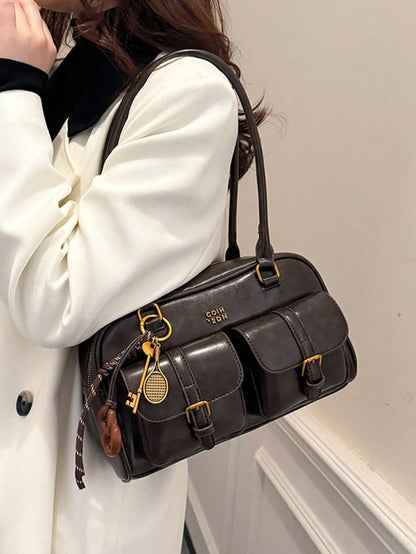 Women's Retro Solid Color PU Leather Shoulder Bag, Multi-Pocket Large Capacity, Comes With Detachable Pendant, Yellow
