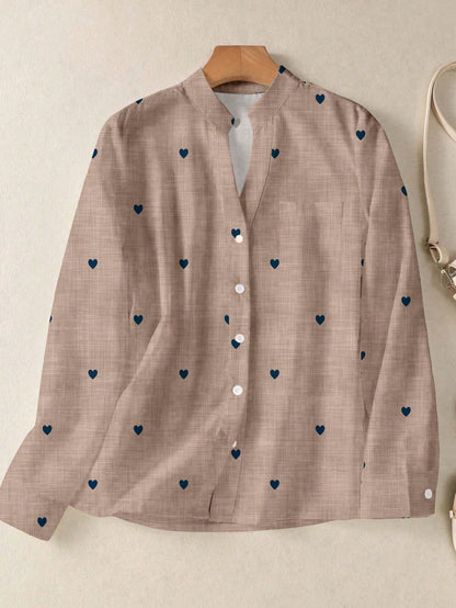 Women's Romantic Heart Print Long Sleeve Button-Up Shirt With Pockets, Suitable For Autumn, Winter And Spring