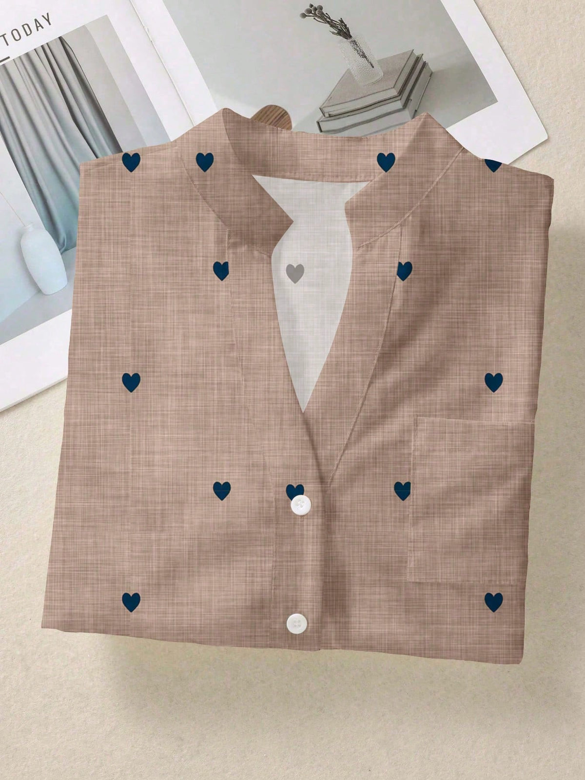 Women's Romantic Heart Print Long Sleeve Button-Up Shirt With Pockets, Suitable For Autumn, Winter And Spring