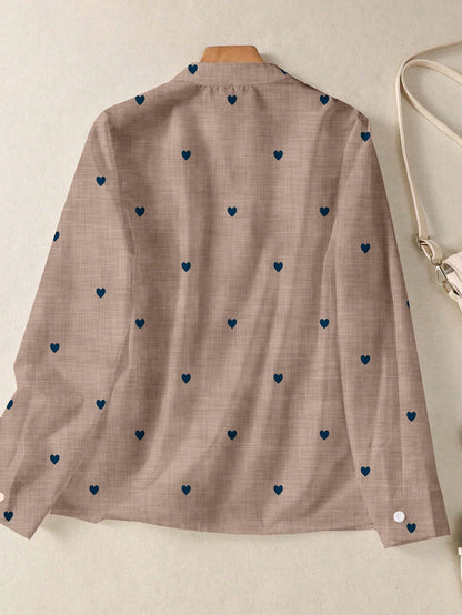 Women's Romantic Heart Print Long Sleeve Button-Up Shirt With Pockets, Suitable For Autumn, Winter And Spring