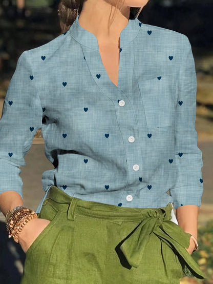 Women's Romantic Heart Print Long Sleeve Button-Up Shirt With Pockets, Suitable For Autumn, Winter And Spring