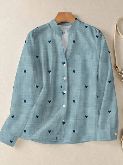 Women's Romantic Heart Print Long Sleeve Button-Up Shirt With Pockets, Suitable For Autumn, Winter And Spring