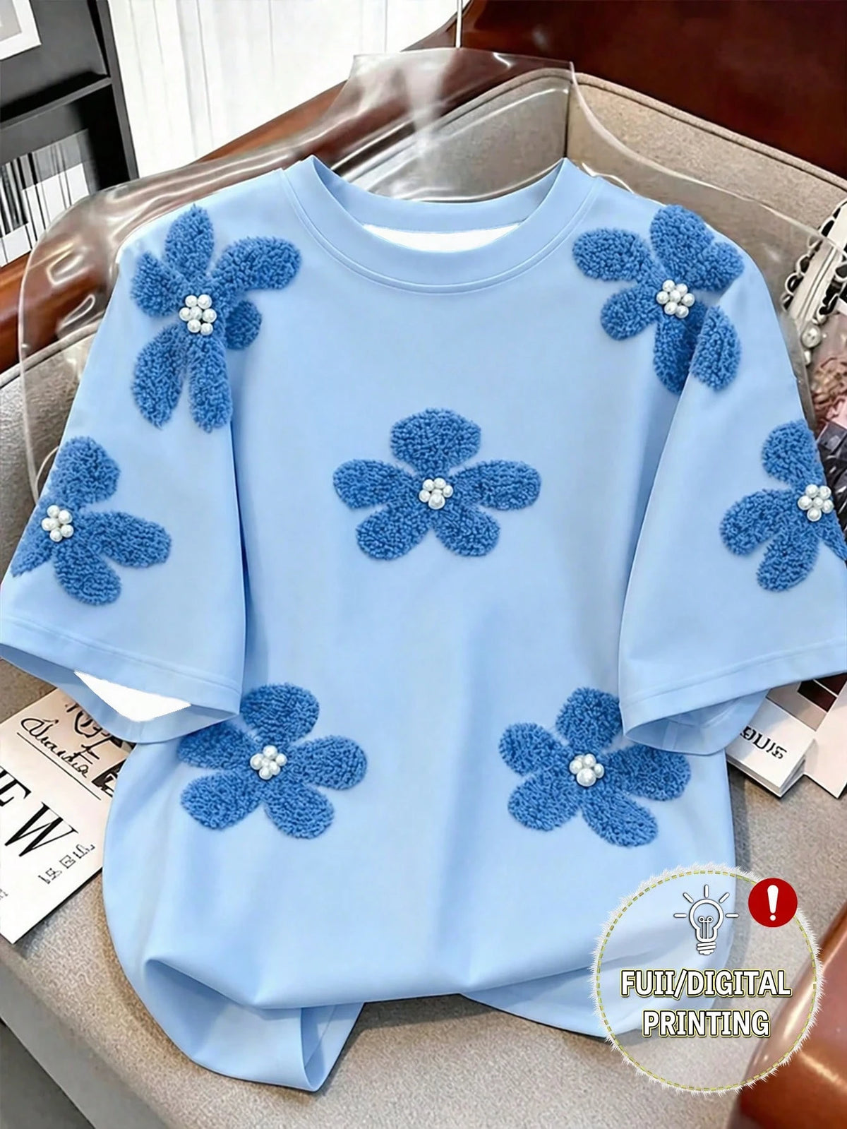 Women's Round Neck Digital Printed Flower Studded T-Shirt