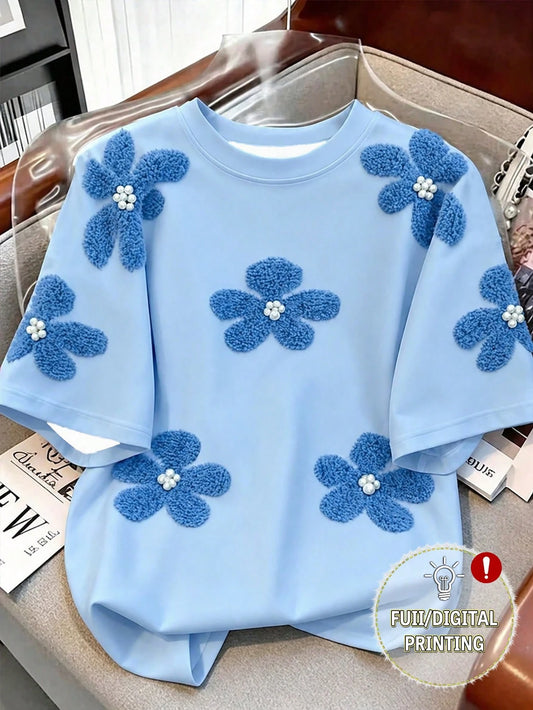 Women's Round Neck Digital Printed Flower Studded T-Shirt