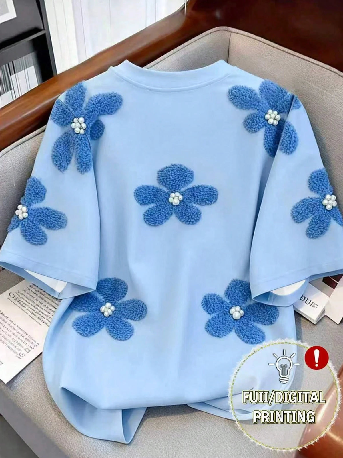 Women's Round Neck Digital Printed Flower Studded T-Shirt