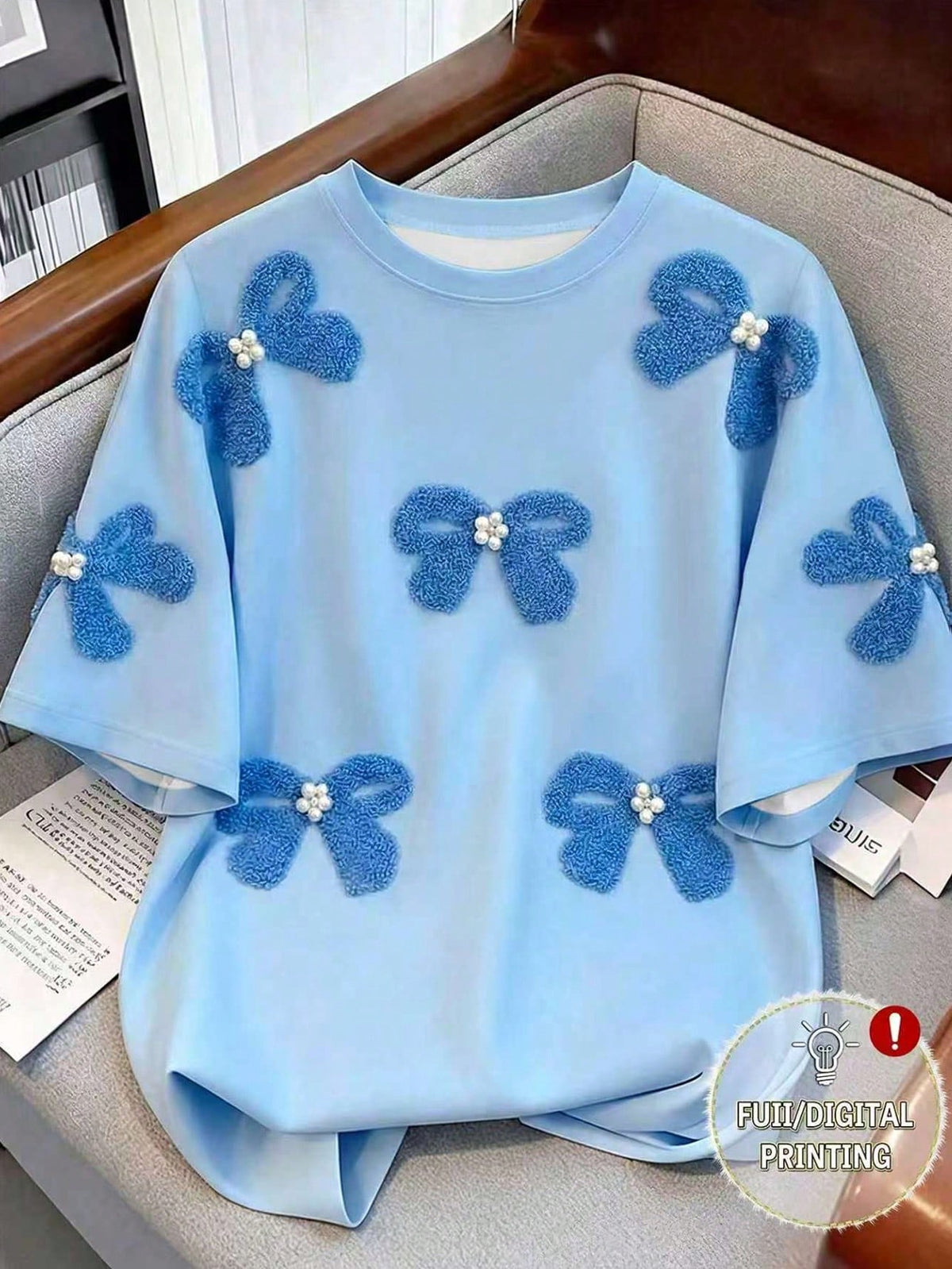 Women's Round Neck Digital Printed Flower Studded T-Shirt