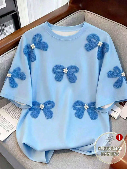 Women's Round Neck Digital Printed Flower Studded T-Shirt