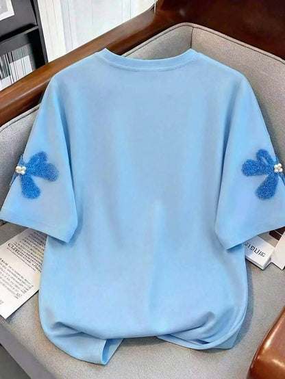 Women's Round Neck Digital Printed Flower Studded T-Shirt