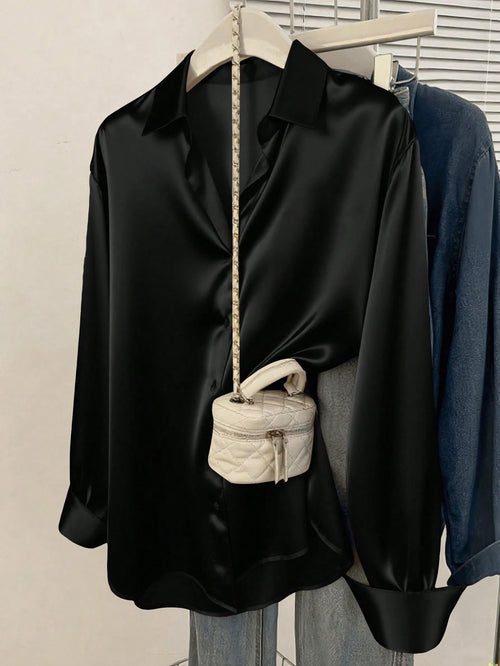 Women's Satin Button-Down Shirt- Business Casual Lapel Blouse Black