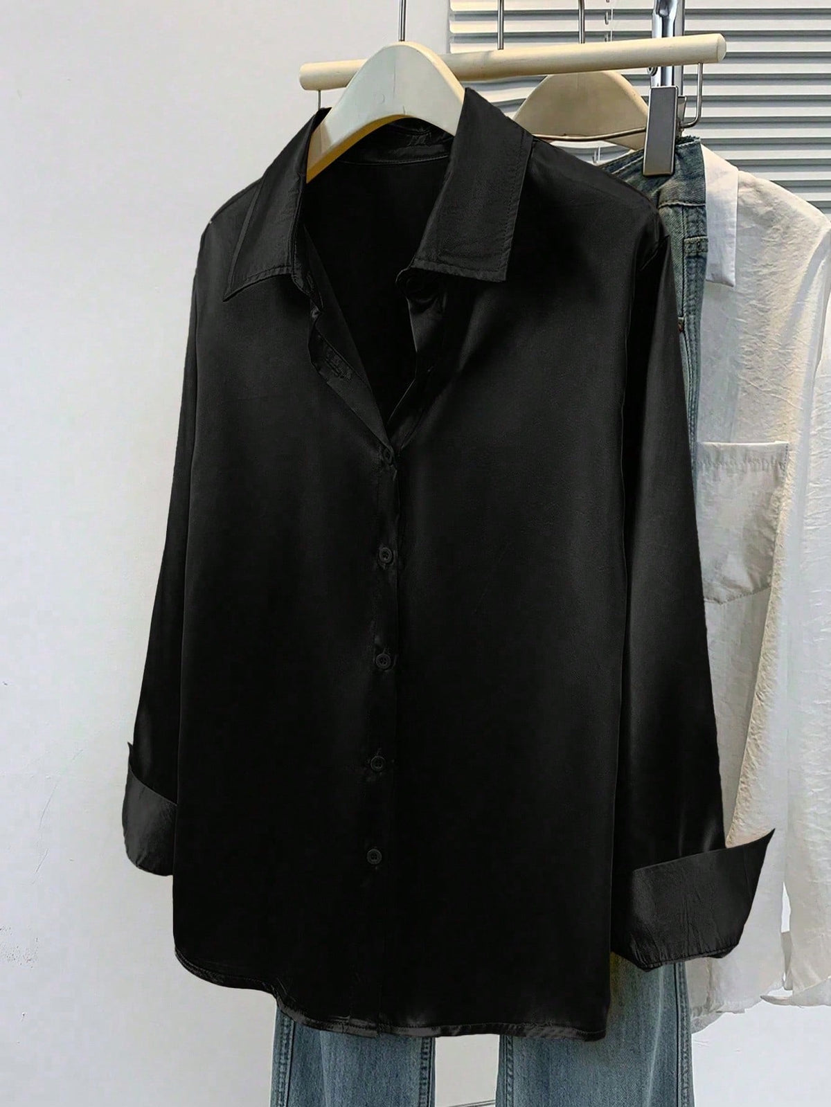 Women's Satin Button-Down Shirt- Business Casual Lapel Blouse Black