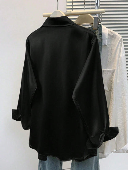 Women's Satin Button-Down Shirt- Business Casual Lapel Blouse Black