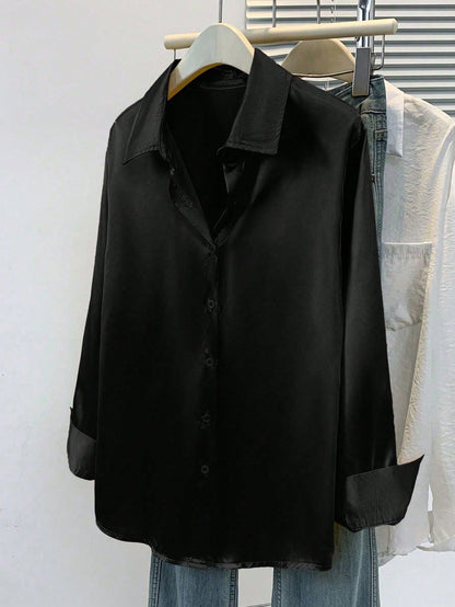 Women's Satin Button-Down Shirt- Business Casual Lapel Blouse Black