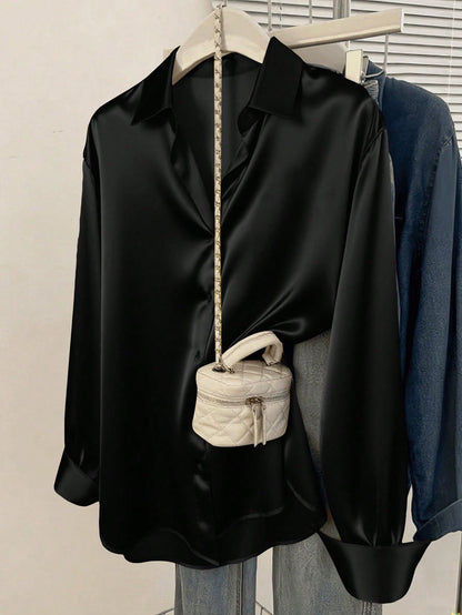 Women's Satin Button-Down Shirt- Business Casual Lapel Blouse Black