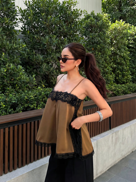 Women's Satin Lace Trim Spaghetti Strap Cami Top- Alluring Side Slit Khaki Summer Camisole Casual
