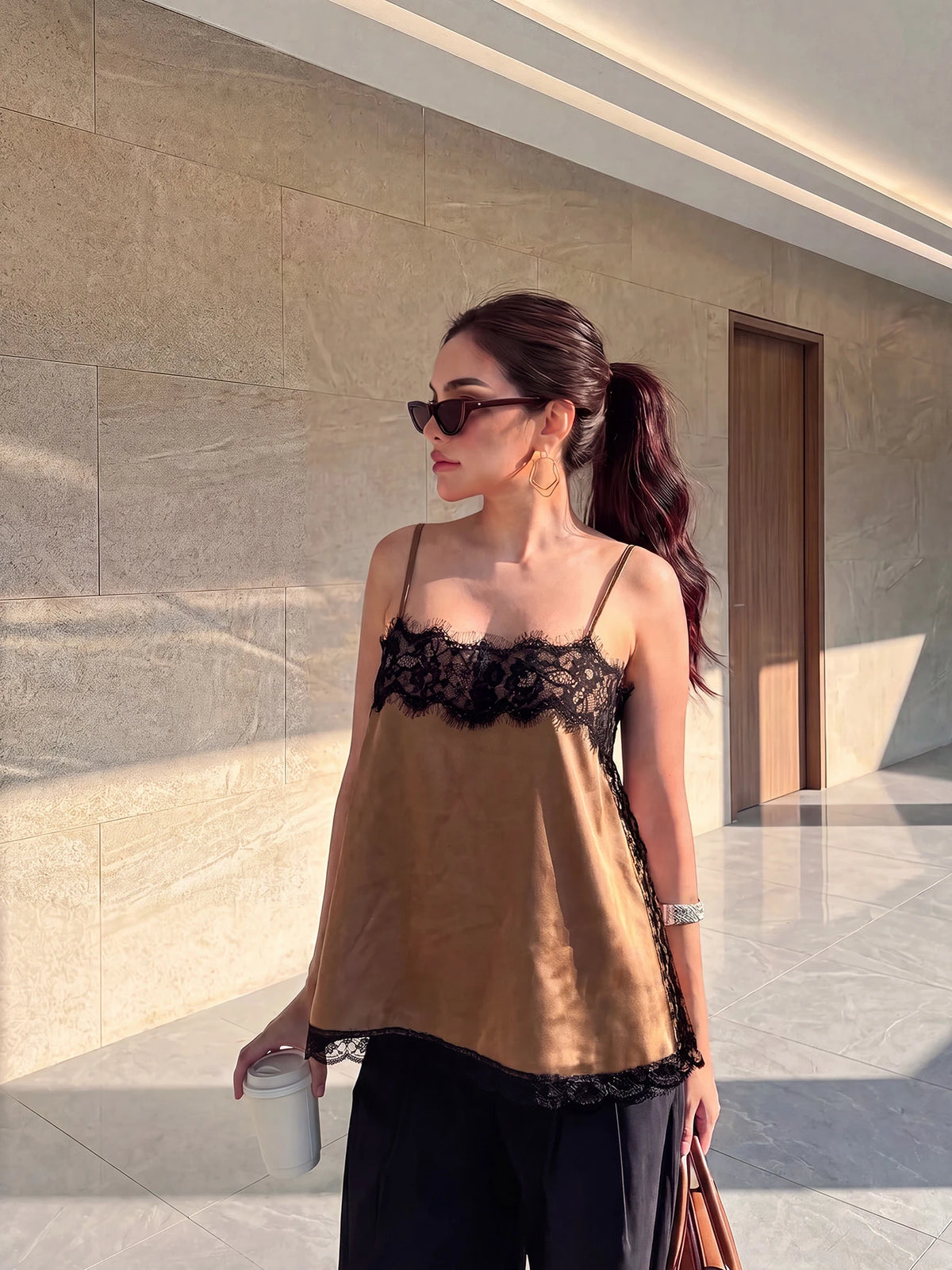 Women's Satin Lace Trim Spaghetti Strap Cami Top- Alluring Side Slit Khaki Summer Camisole Casual
