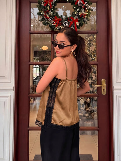 Women's Satin Lace Trim Spaghetti Strap Cami Top- Alluring Side Slit Khaki Summer Camisole Casual
