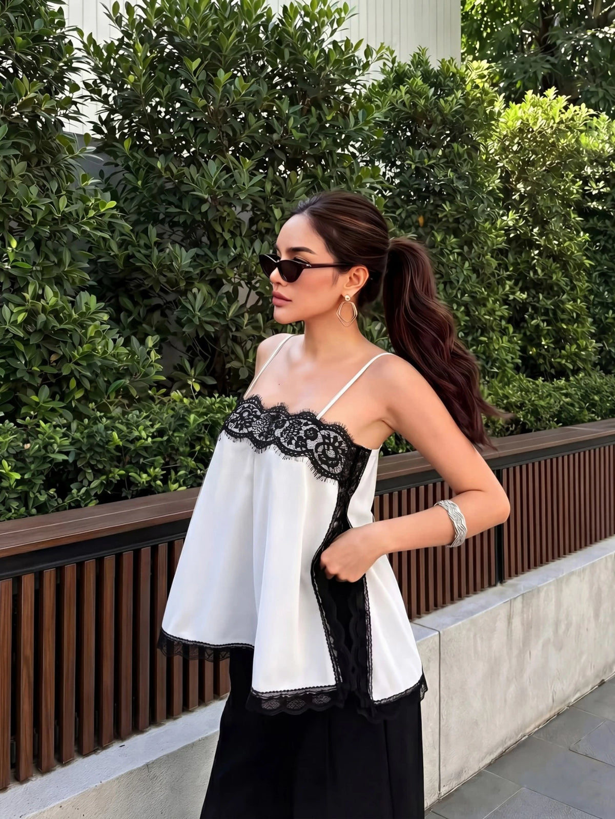 Women's Satin Lace Trim Spaghetti Strap Cami Top- Alluring Side Slit Khaki Summer Camisole Casual