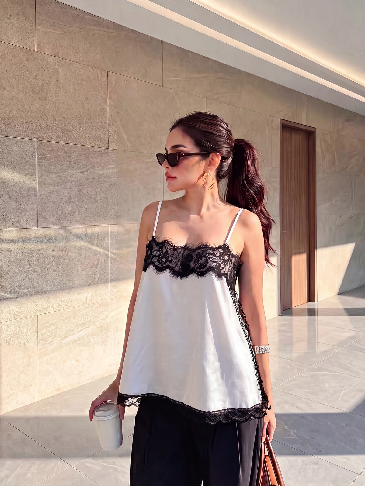 Women's Satin Lace Trim Spaghetti Strap Cami Top- Alluring Side Slit Khaki Summer Camisole Casual