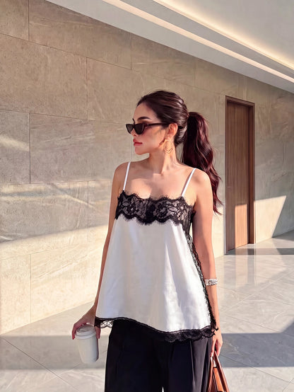 Women's Satin Lace Trim Spaghetti Strap Cami Top- Alluring Side Slit Khaki Summer Camisole Casual