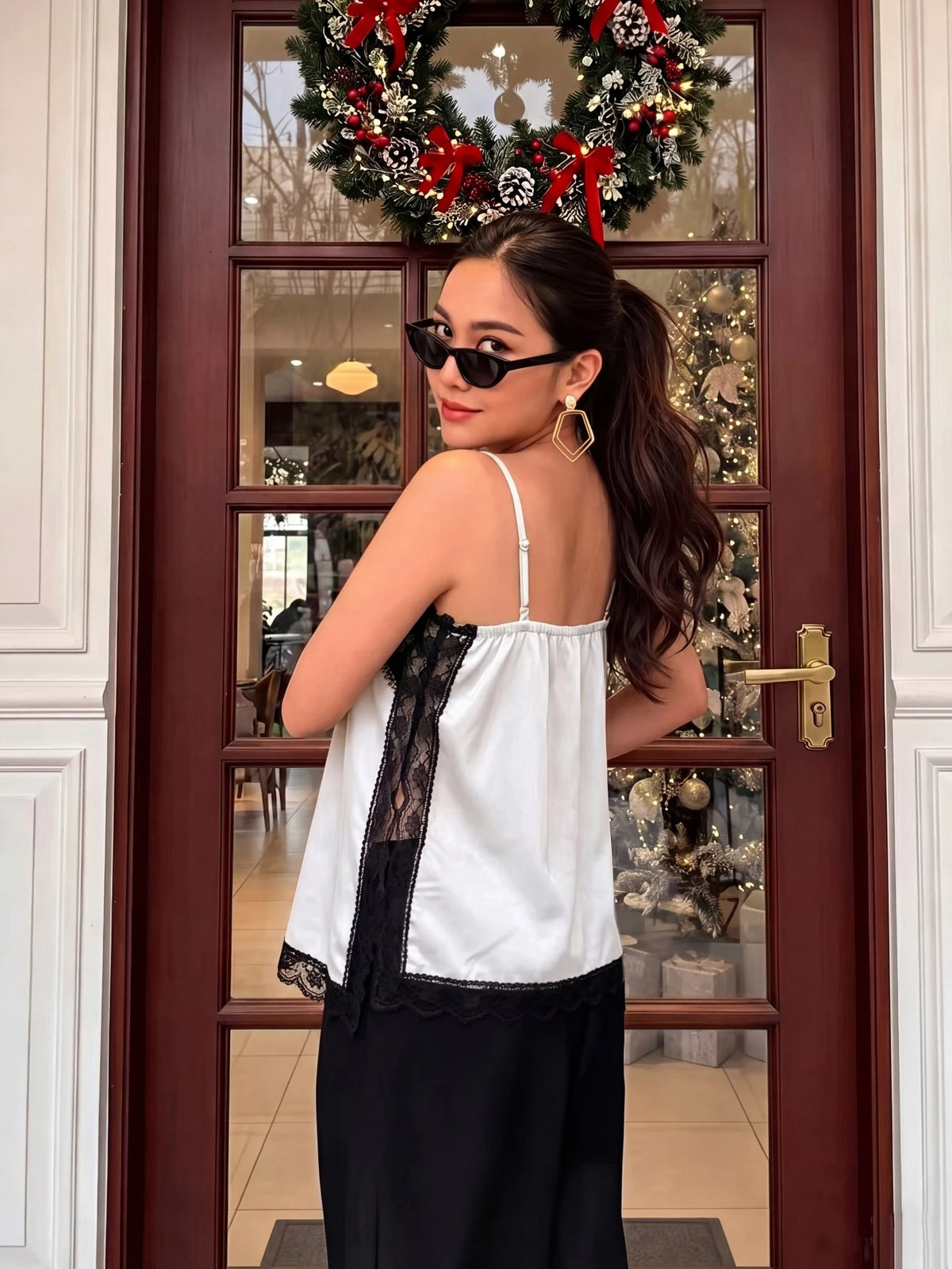 Women's Satin Lace Trim Spaghetti Strap Cami Top- Alluring Side Slit Khaki Summer Camisole Casual