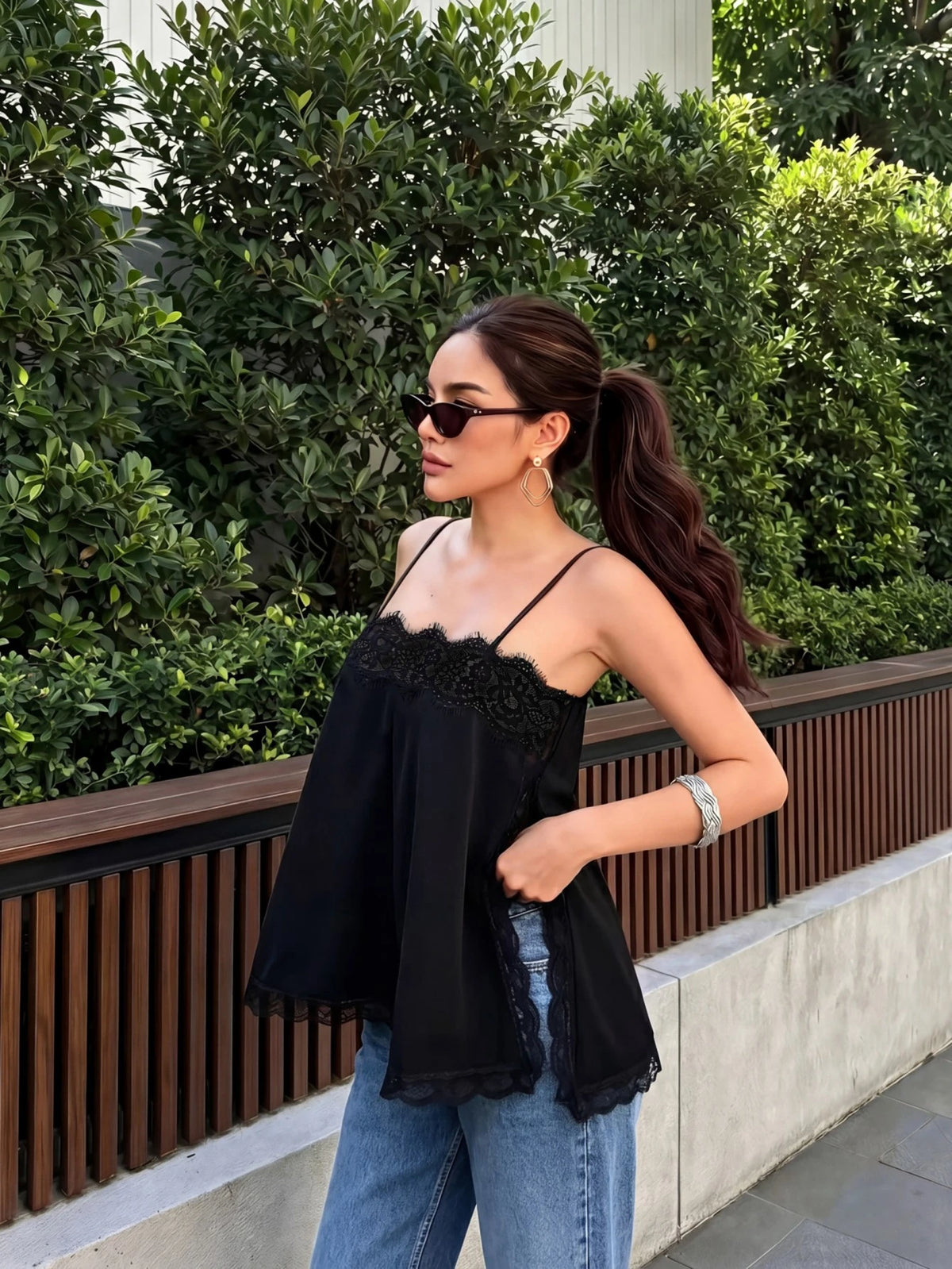 Women's Satin Lace Trim Spaghetti Strap Cami Top- Alluring Side Slit Khaki Summer Camisole Casual