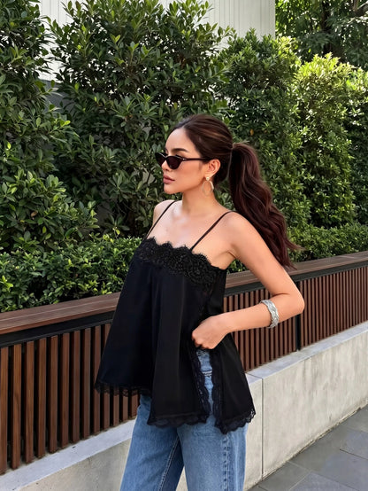 Women's Satin Lace Trim Spaghetti Strap Cami Top- Alluring Side Slit Khaki Summer Camisole Casual