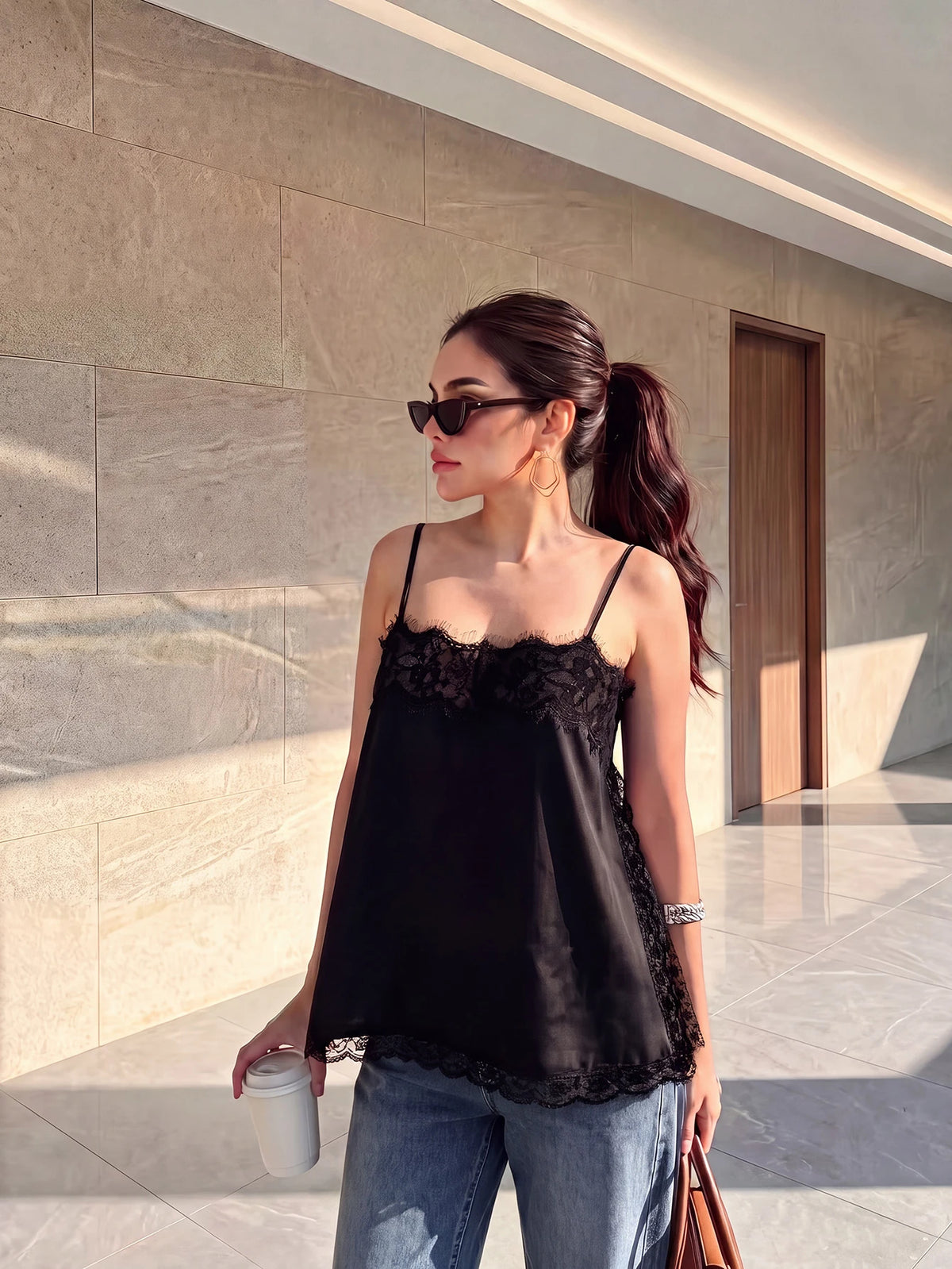 Women's Satin Lace Trim Spaghetti Strap Cami Top- Alluring Side Slit Khaki Summer Camisole Casual