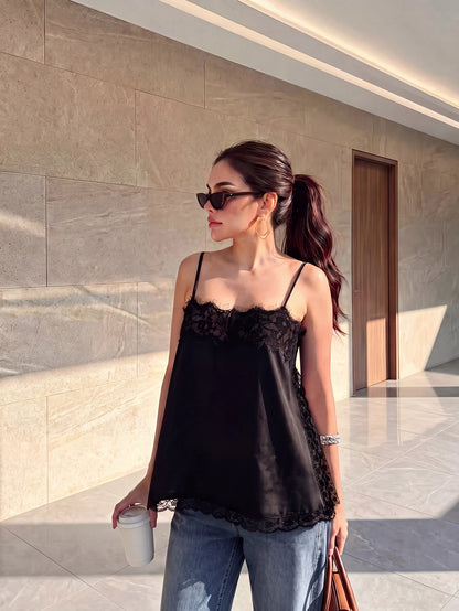 Women's Satin Lace Trim Spaghetti Strap Cami Top- Alluring Side Slit Khaki Summer Camisole Casual
