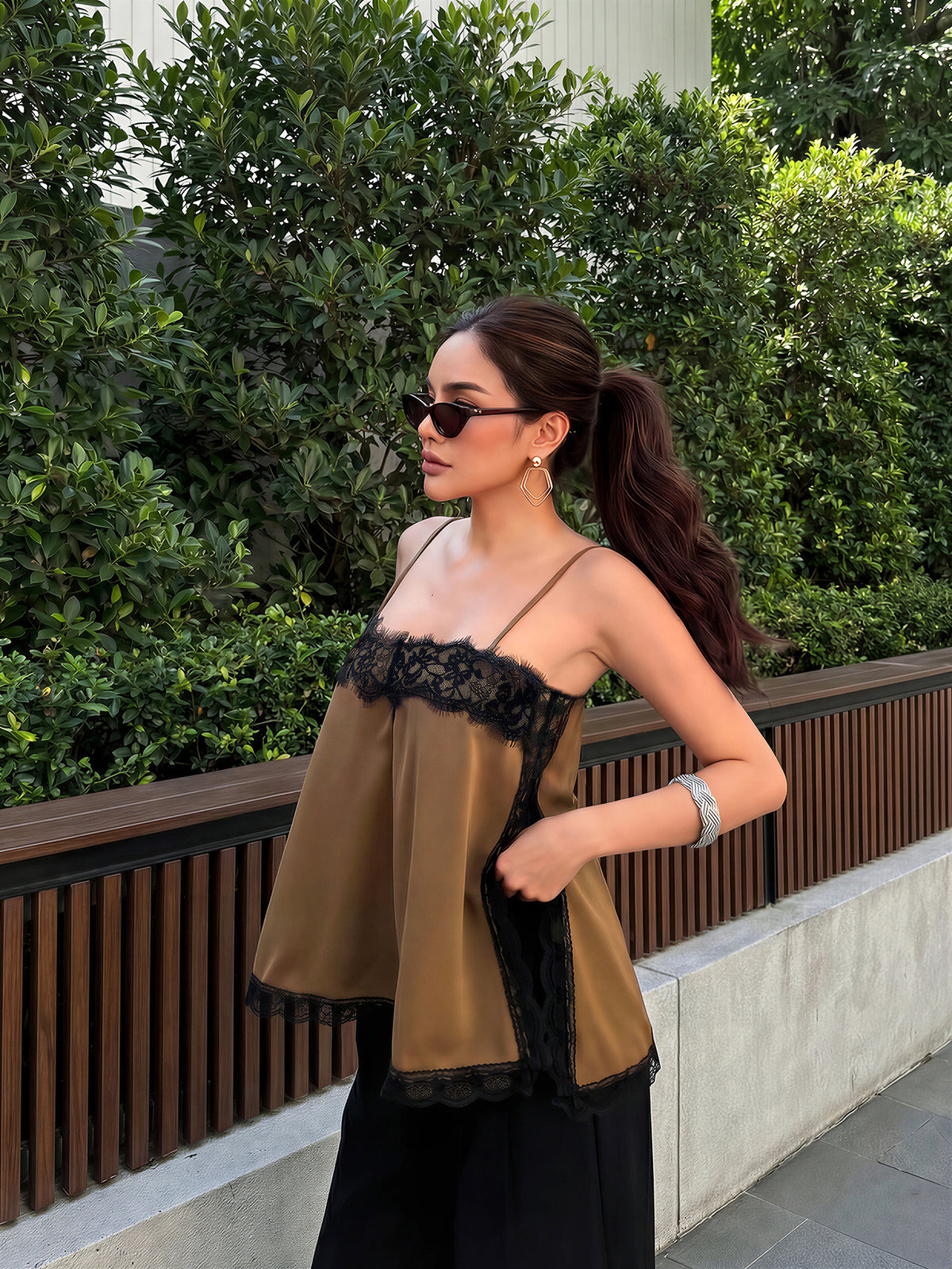 Women's Satin Lace Trim Spaghetti Strap Cami Top- Alluring Side Slit Khaki Summer Camisole Casual