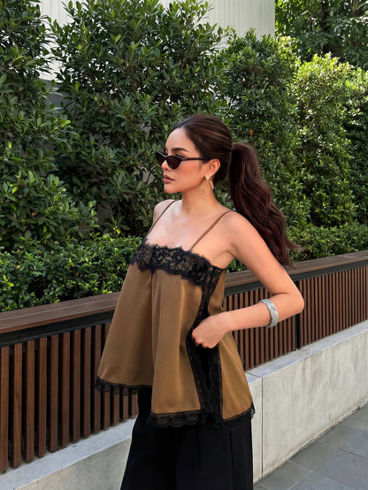 Women's Satin Lace Trim Spaghetti Strap Cami Top- Alluring Side Slit Khaki Summer Camisole Casual