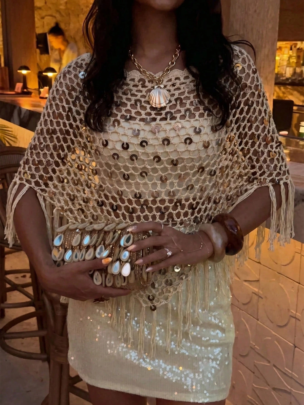 Women's Sequin Top With Fringe Hem, Boho Crochet Glitter Shawl Cover Up, Suitable For Spring/Summer, Beach, Pool Party, Music Festival Vacation