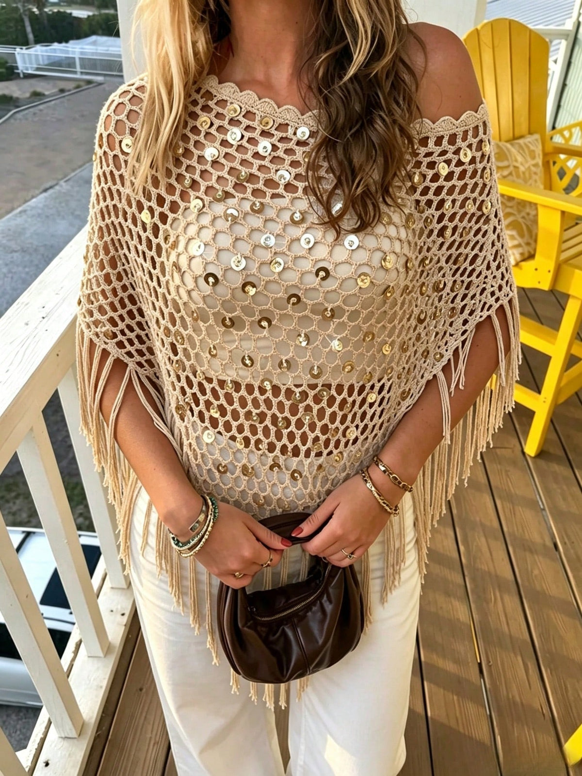 Women's Sequin Top With Fringe Hem, Boho Crochet Glitter Shawl Cover Up, Suitable For Spring/Summer, Beach, Pool Party, Music Festival Vacation