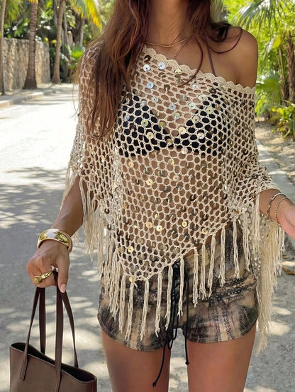Women's Sequin Top With Fringe Hem, Boho Crochet Glitter Shawl Cover Up, Suitable For Spring/Summer, Beach, Pool Party, Music Festival Vacation