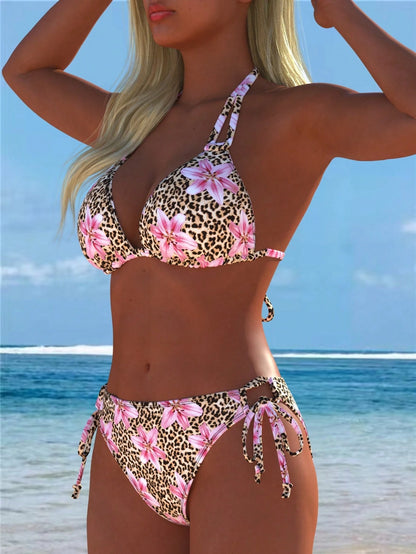 Women's Sexy Casual Halter Leopard Print Bikini Set With Pink Floral Accents Swimwear Bottoms For Beach New Arrival Festival Summer Random Vacation