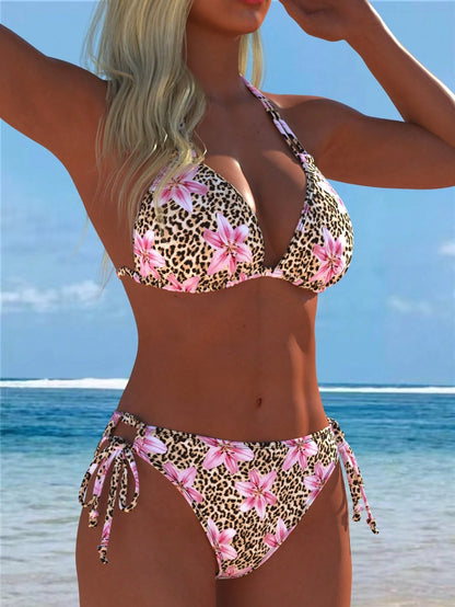 Women's Sexy Casual Halter Leopard Print Bikini Set With Pink Floral Accents Swimwear Bottoms For Beach New Arrival Festival Summer Random Vacation