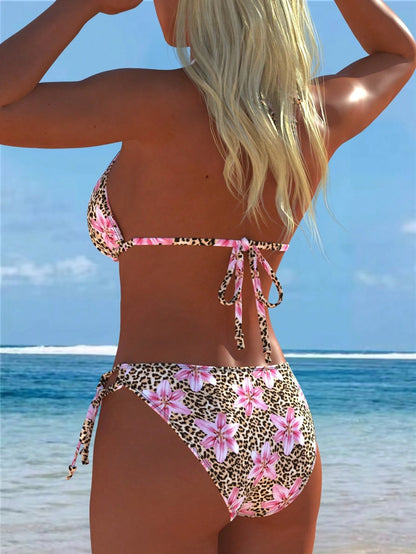Women's Sexy Casual Halter Leopard Print Bikini Set With Pink Floral Accents Swimwear Bottoms For Beach New Arrival Festival Summer Random Vacation