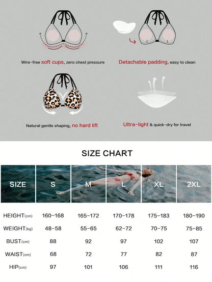 Women's Sexy Casual Halter Leopard Print Bikini Set With Pink Floral Accents Swimwear Bottoms For Beach New Arrival Festival Summer Random Vacation