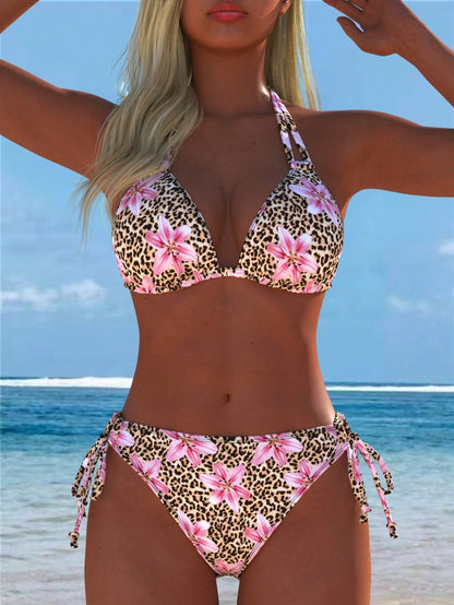 Women's Sexy Casual Halter Leopard Print Bikini Set With Pink Floral Accents Swimwear Bottoms For Beach New Arrival Festival Summer Random Vacation