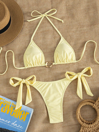 Women's Sexy Fashion Youthful Minimalist Lively Cute 2 Pieces Set Romantic Beach Vacation Travel Party Full Body Red Polka Dot Print Gold Trim Yellow