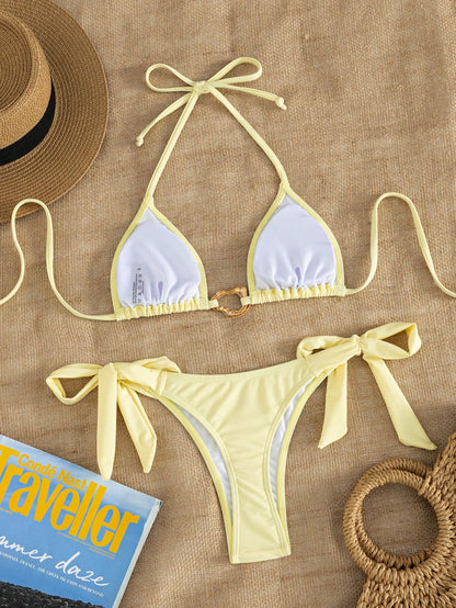Women's Sexy Fashion Youthful Minimalist Lively Cute 2 Pieces Set Romantic Beach Vacation Travel Party Full Body Red Polka Dot Print Gold Trim Yellow