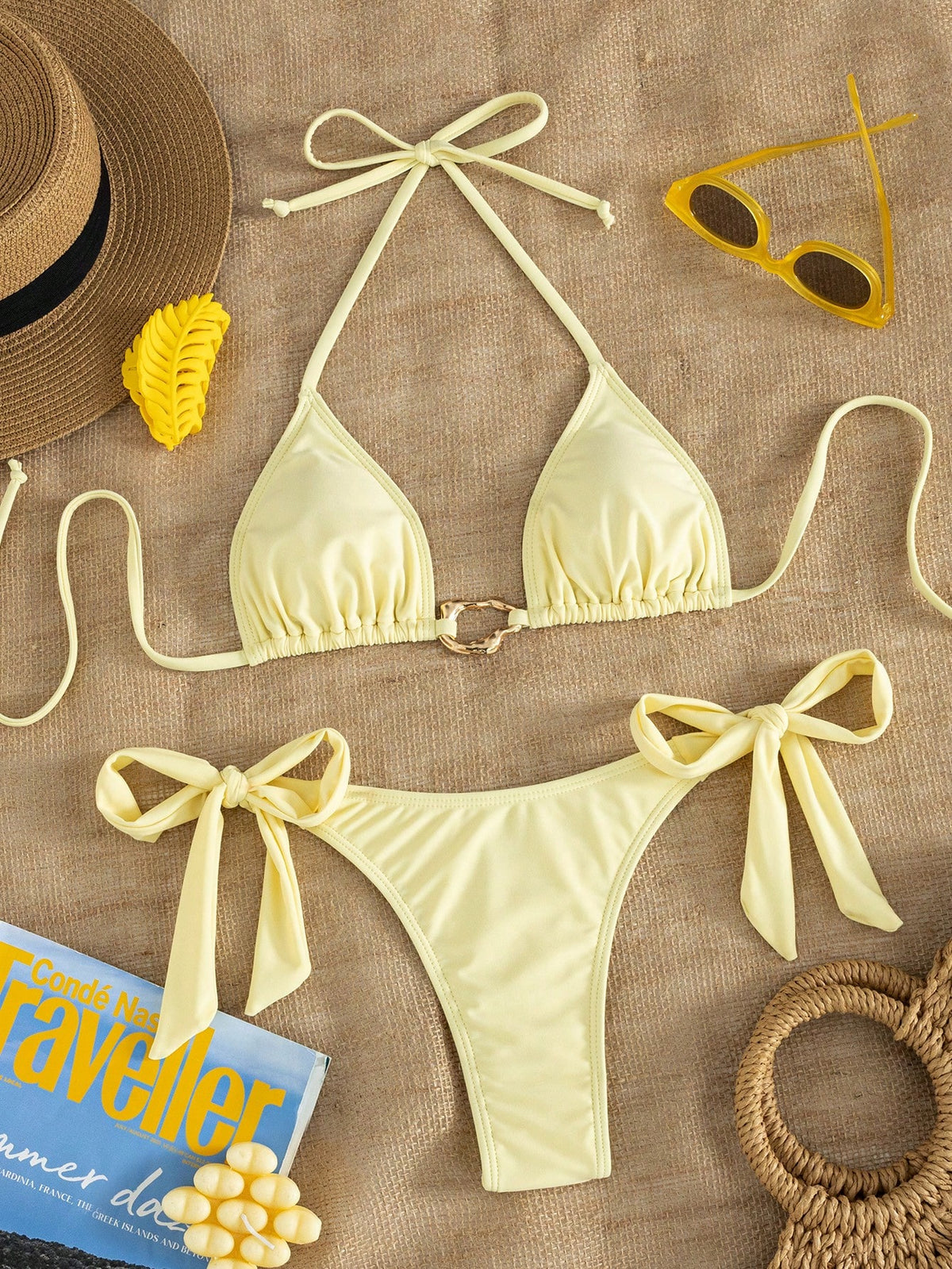 Women's Sexy Fashion Youthful Minimalist Lively Cute 2 Pieces Set Romantic Beach Vacation Travel Party Full Body Red Polka Dot Print Gold Trim Yellow