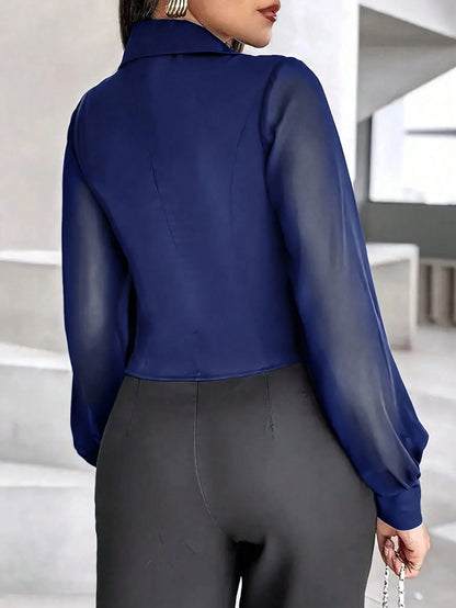 Women's Simple Casual Solid Color Lantern Sleeve Front Button Shirt Spring