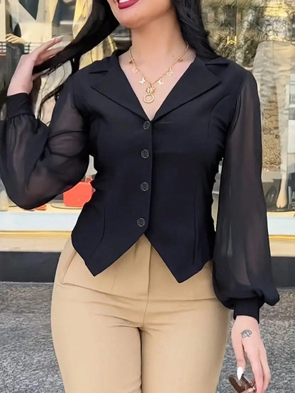 Women's Simple Casual Solid Color Lantern Sleeve Front Button Shirt Spring