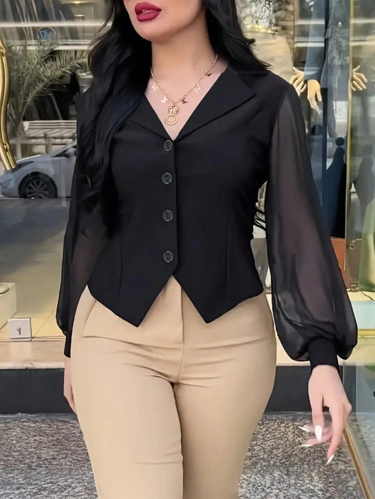 Women's Simple Casual Solid Color Lantern Sleeve Front Button Shirt Spring