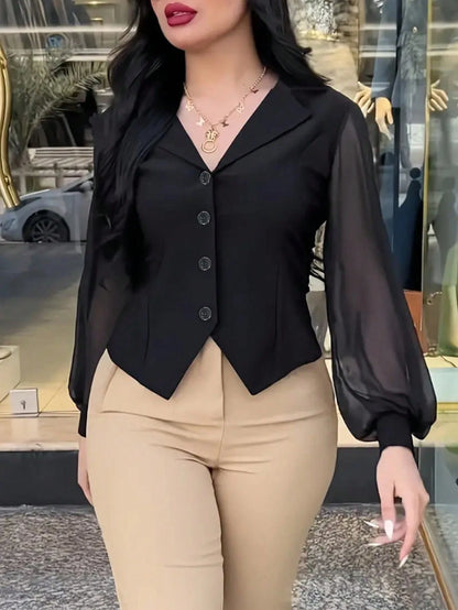 Women's Simple Casual Solid Color Lantern Sleeve Front Button Shirt Spring