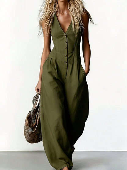 Women's Sleeveless V-Neck Button-Front Wide Leg Jumpsuit, Casual Linen-Blend Romper With Pockets